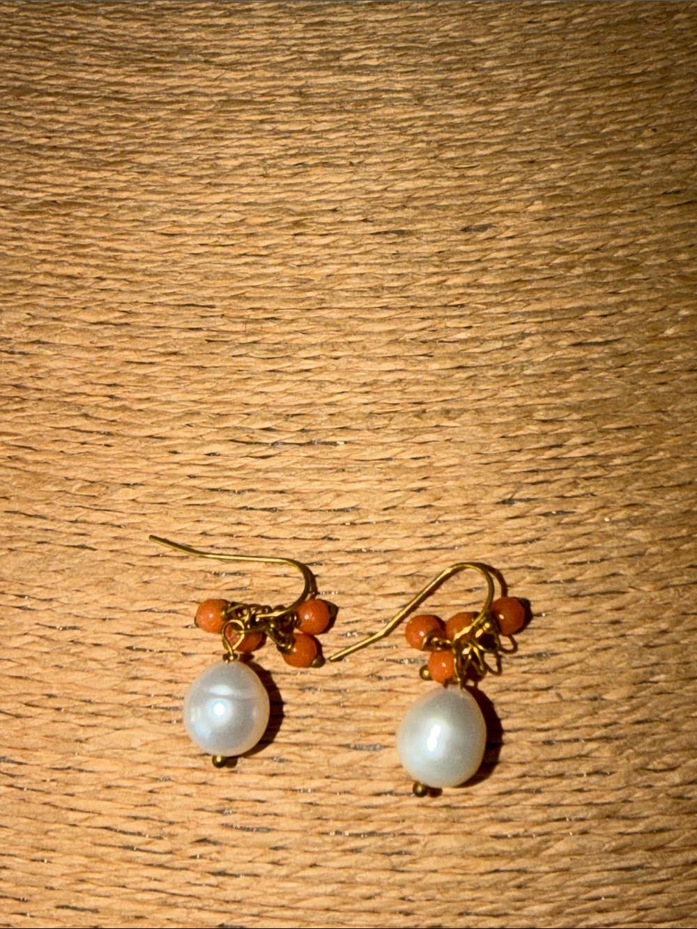 Fresh water white pearl Drop Earrings coral colored beads